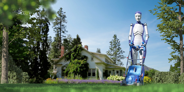An android using a lawnmower in a domestic garden to cut the grass. The robot is gardening on a bright day under a blue sky in am remote property surrounded by tall trees and foliage. Shot with selective focus on the robot.