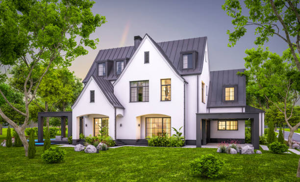 istock 3d rendering of white and black modern Tudor house in evening 1455251541