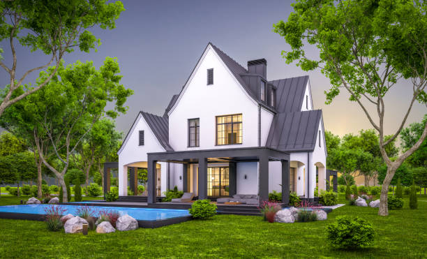 istock 3d rendering of white and black modern Tudor house in evening 1455251542