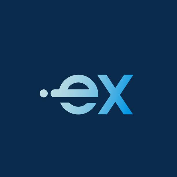 EX monogram logo. Lowercase letter e, letter x. Geometric, technology, bold font icon. Blue neon colors. Alphabet initials. Lettering sign. Modern deco design, web, construction, tech style letter mark characters. Typography symbol isolated on dark background. e stock illustrations