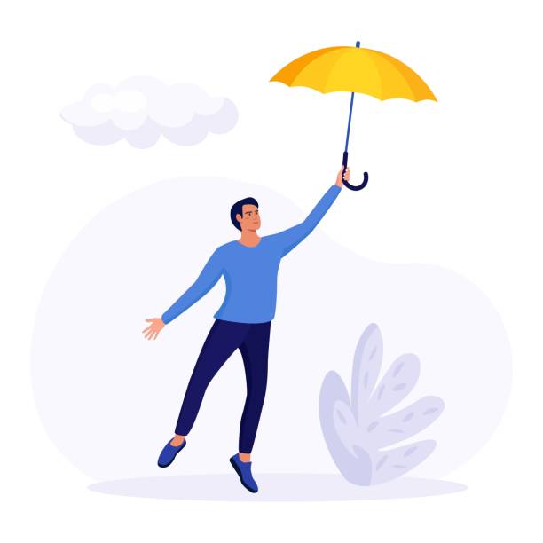 glücklicher mann mit gelbem regenschirm, der unter regen geht - rain protection personal accessory autumn stock-grafiken, -clipart, -cartoons und -symbole