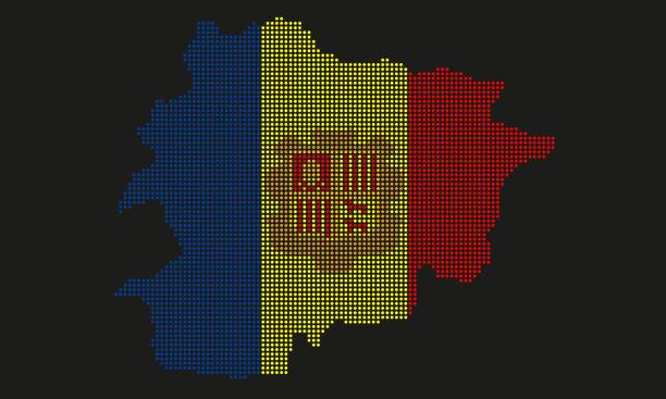 Andorra map flag with grunge texture in mosaic dot style. Abstract pixel vector illustration of a country map with halftone effect for infographic. andorra map stock illustrations