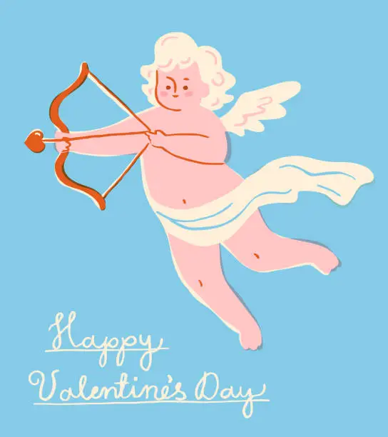 Vector illustration of Cute cupid shooting with a bow and arrow.