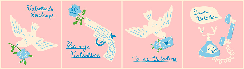 Valentine's Day hand drawn elements such as doves with flowers, a gun and a telephone. Romantic banner, post card or poster design. Hand drawn elements in trendy retro style.