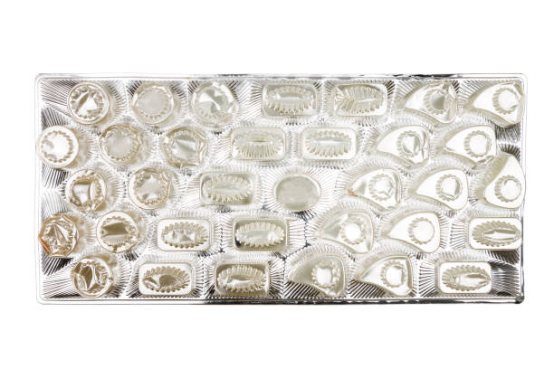 Empty box of chocolate candies isolated on white, top view