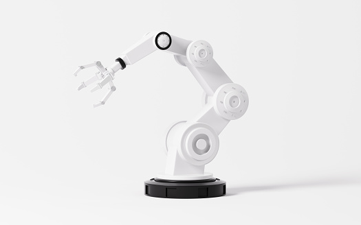 Mechanical arm in the white background, 3d rendering. Digital drawing.
