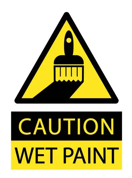 Vector illustration of Caution, wet paint. Yellow triangle sign of paintbrush . Text below.