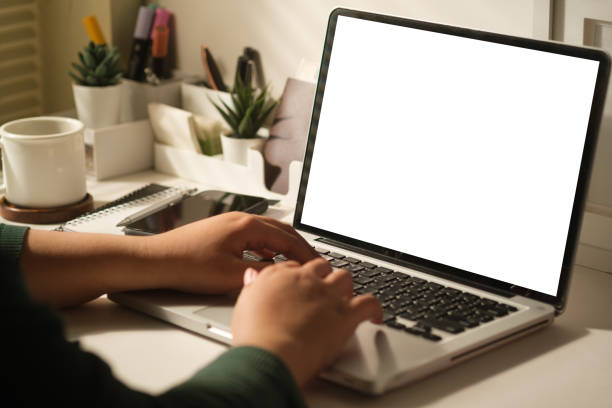 istock Cropped image of female freelancer using laptop computer. Blank screen for your advertise design. 1455264443