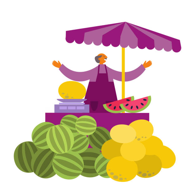 ilustrações, clipart, desenhos animados e ícones de homem comerciante no quiosque da fazenda chama e convida os clientes. barraca do mercado local de frutas e legumes. ilustração vetorial plana dos desenhos animados - market tent market stall agricultural fair