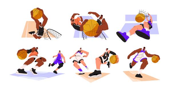 illustrations, cliparts, dessins animés et icônes de joueurs de basket-ball en action. les athlètes jouent au sport, lancent la balle au filet de panier, dribblent, courent, sautent. formation d’hommes diversifiés. illustrations vectorielles plates isolées sur fond blanc - se mettre en défense