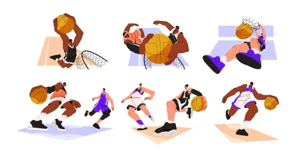 Vector illustration of Basketball players in action set. Athletes playing sport game, throwing ball to basket net, dribbling, running, jumping. Diverse men training. Flat vector illustrations isolated on white background