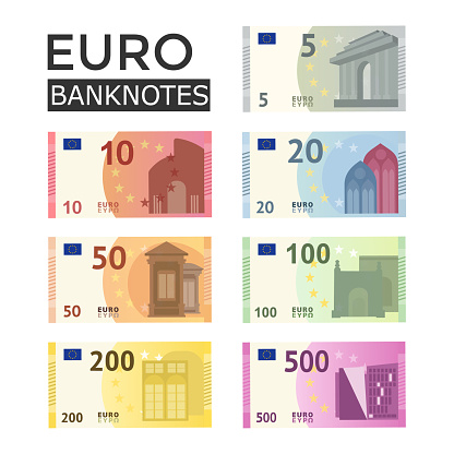 Set of Euro banknotes isolated on white background. Europen bill cash money. Cartoon money. Euro currency banknote. Bills of different denomination.Vector stock