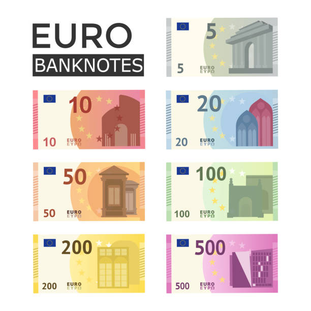 Set of Euro banknotes isolated on white background. Europen bill cash money. Set of Euro banknotes isolated on white background. Europen bill cash money. Cartoon money. Euro currency banknote. Bills of different denomination.Vector stock banknote euro close up stock illustrations