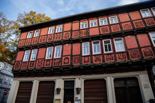 Facade with many wooden shutters in old part of Duesseldorf