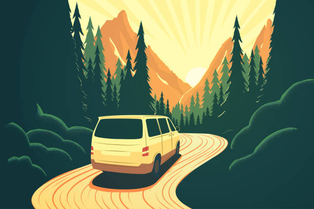 The minivan is driving along a winding forest road. Mountain landscape. Sunset. Vector flat illustration. Van life. Travel by car. The minivan is driving along a winding forest road. Mountain landscape. Sunset. Vector flat illustration. Van life. Travel by car. rv travel stock illustrations