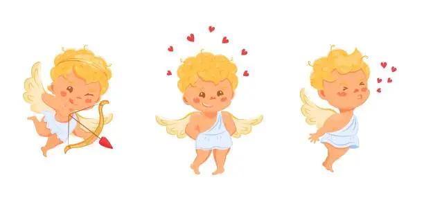 Vector illustration of Cupid cute with hearts and an arrow. Shy angel kisses. Valentine s day characters for design.