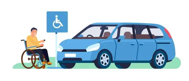 Vector illustration of Disabled man in parking of car. Auto place for handicapped owners. Male in wheelchair driving automobile. Urban traffic. City accessibility. Driver with disabilities. Vector concept