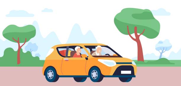 ältere menschen, die mit dem auto anreisen. senioren-familien-roadtrip. großelternteil fährt auto. abenteuerreise. autotourismus. berglandschaft. sommer outdoor-urlaub. vektor-konzept - rentner auto fahren stock-grafiken, -clipart, -cartoons und -symbole