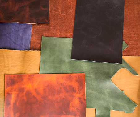 Pieces of the colored leathers. Raw materials for manufacture of bags, wallets, shoes, clothing and accessories. leather for handmade . Leather studio.