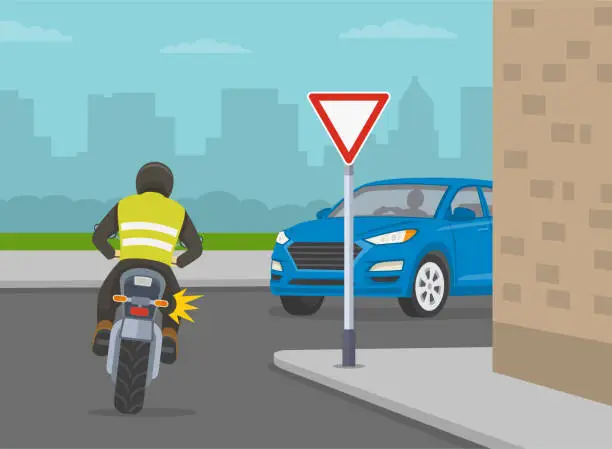 Vector illustration of Motorcycle turns right on sharp turn with 