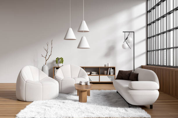 istock Side view on bright living room interior with armchairs, sofa 1455275153