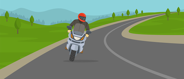 Biker riding motorcycle on the highway. Cornering or turning bike. Flat vector illustration template.