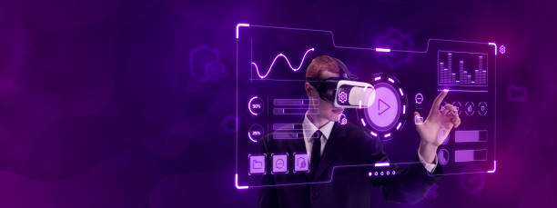 istock Man, employee wearing VR glasses and working on virtual holographic computer screen. Futuristic HUD Ui for app. User interface HUD 1455275417