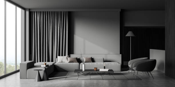 istock Grey chill interior with couch, seats and panoramic window. Mockup wall 1455275626