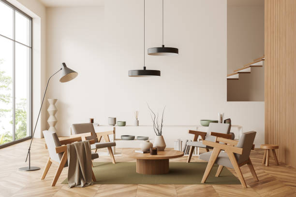 istock Light chill room interior with seats and shelf with decor, panoramic window 1455277924