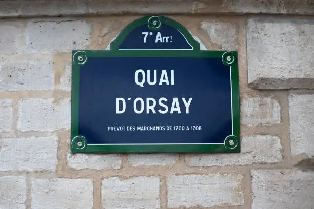 road sign indicating the Quai d'Orsay where the Ministry of Foreign Affairs and a famous museum are located in Paris