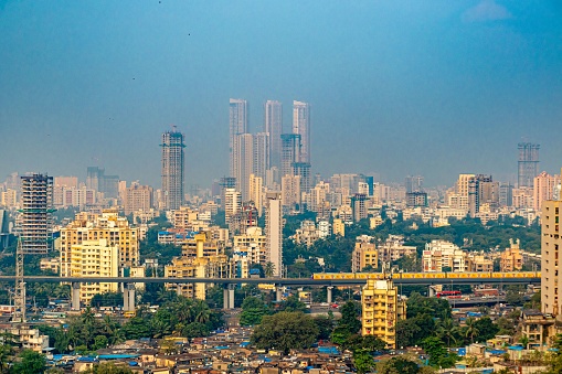 An aerial drone shot of the cityscape of Mumbai, India