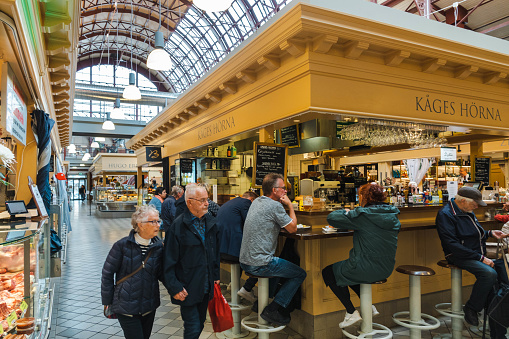 The Market Hall (Stora Saluhallen) in the city centre of Gothenburg, Sweden, houses numerous stands selling fruit, vegetables and meat, as well as various eateries