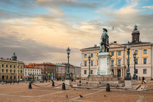 Gustav Adolfs Torg, a centrally located square in the inner city of Gothenburg, Sweden, during sunset