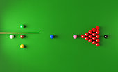 Snooker Concept - Pool Cue and Pool Balls On Green Pool Table