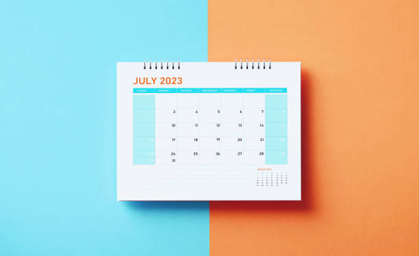 istock July 2023 Calendar On Blue And Orange Background 1455282852