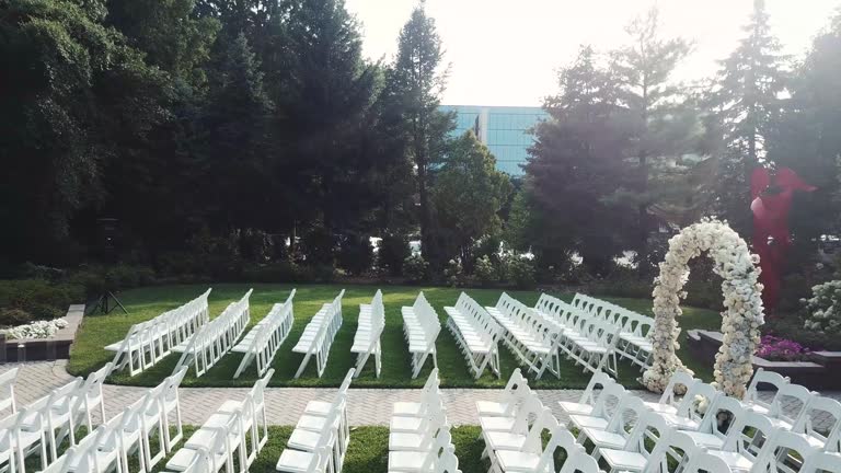 Beautiful wedding ceremony near the forest, aerial