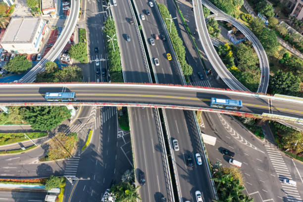 istock Electric bus driving on viaduct at intersection 1455283255