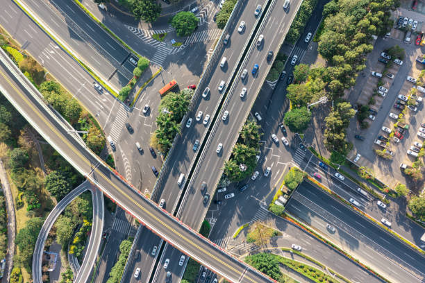 istock Aerial view of traffic flow at city intersection 1455283403