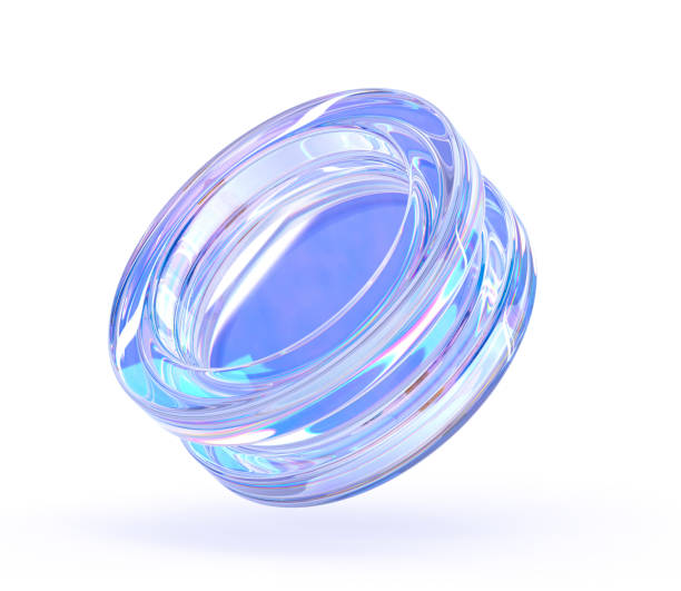 istock Glass iridescent figure, abstract geometric shape with holographic blue gradient texture 3d render. Crystal acrylic sculpture, clear round glossy object isolated on white background 1455283438