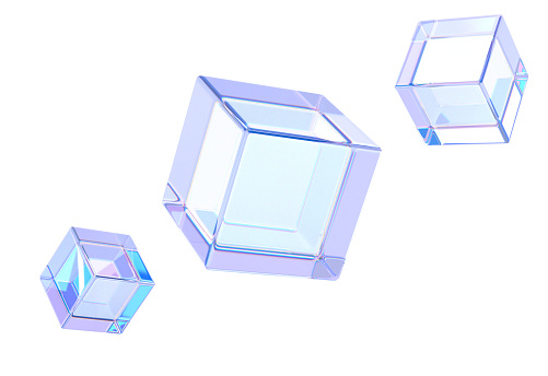 Glass iridescent cubes, crystal blocks with holographic purple gradient texture 3d render. Rainbow clear acrylic square boxes, abstract geometric objects isolated on white background, 3D illustration