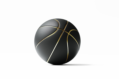 Black basketball ball on white background.  Horizontal composition with clipping path and copy space copy space.