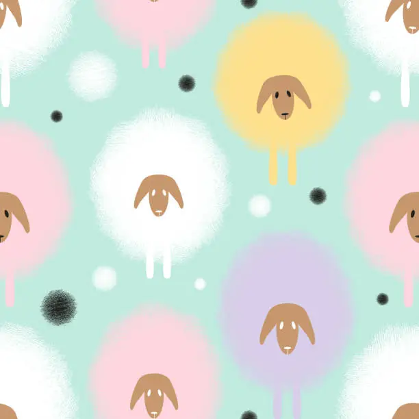 Vector illustration of Abstract colored seamless background with cartoon cute sheep in flat style. Modern creative illustration for app, website, presentation or design.