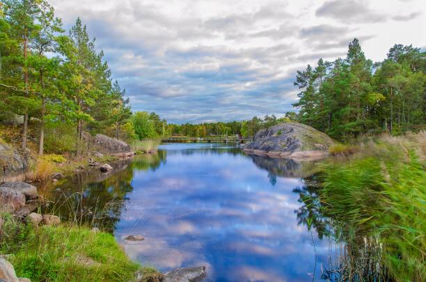 istock Clear river water with a blue cloudy sky reflection in the water 1455284584