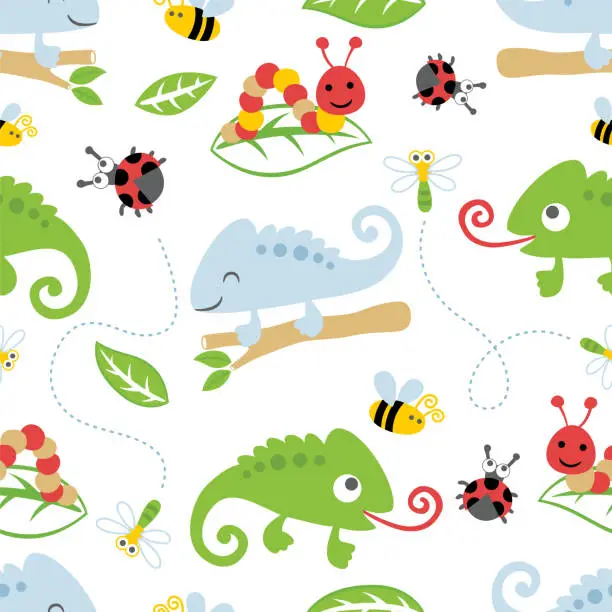 Vector illustration of Seamless pattern vector of chameleon cartoon with bugs and leaves