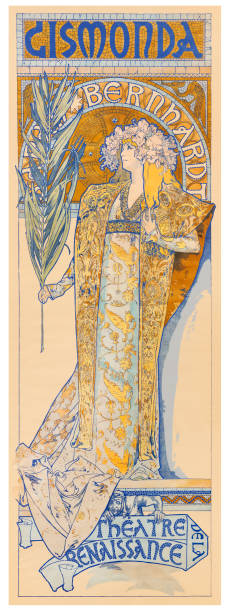 ilustrações de stock, clip art, desenhos animados e ícones de art nouveau billboard woman with golden hair 1897 - 1896