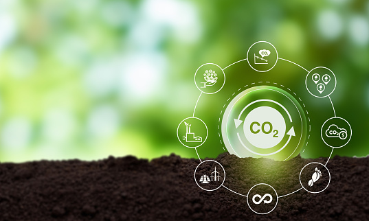 Concepto de neutralidad de carbono. Transformación empresarial verde y compromiso para equilibrar entre la emisión de carbono y la absorción de carbono de la atmósfera. Cambio climático, medio ambiente y gestión del carbono photo
