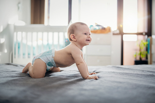 Portrait of cute crawling baby boy.