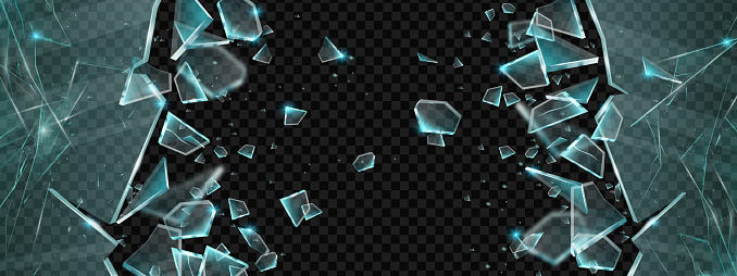 Broken glass vector shatter explosion fragments on transparent background, 3D sharp ice splinters. Danger flying crystal piece, destroy windshield smithereens concept. Broken glass realistic clipart