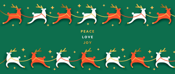 Christmas New Year gold folk reindeer animal banner Merry Christmas Happy New Year luxury gold scandinavian deer garland folk banner. Holiday decoration in retro nordic style with santa claus reindeer sled and peace, love, joy quote text. lucky jade stock illustrations