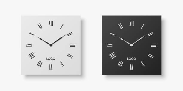 Vector 3d Realistic White, Black Square Wall Office Clock Set, Design Template Isolated on White. Dial with Roman Numerals. Mock-up of Wall Clock for Branding and Advertise Isolated. Clock Face Design Vector 3d Realistic White, Black Square Wall Office Clock Set, Design Template Isolated on White. Dial with Roman Numerals. Mock-up of Wall Clock for Branding and Advertise Isolated. Clock Face Design. clock wall clock face clock hand stock illustrations